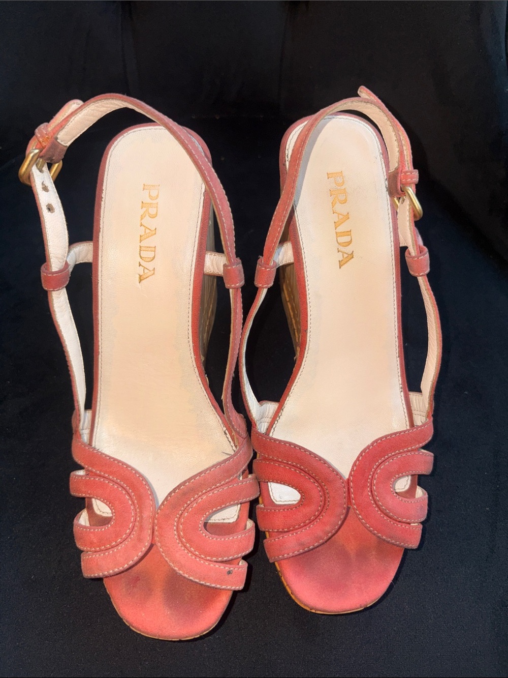 Prada Coral-Peach Leather Slingback Wedge Sandals - Picture 16 of 16